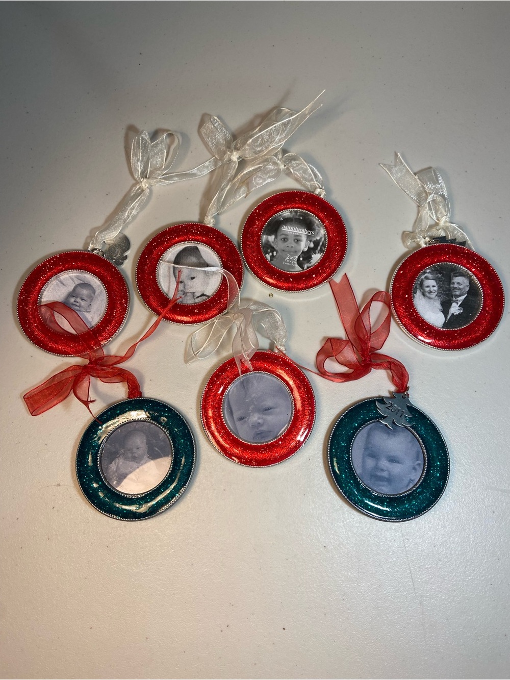 Red and Green  Photo Frame Holiday Ornaments Set of 7